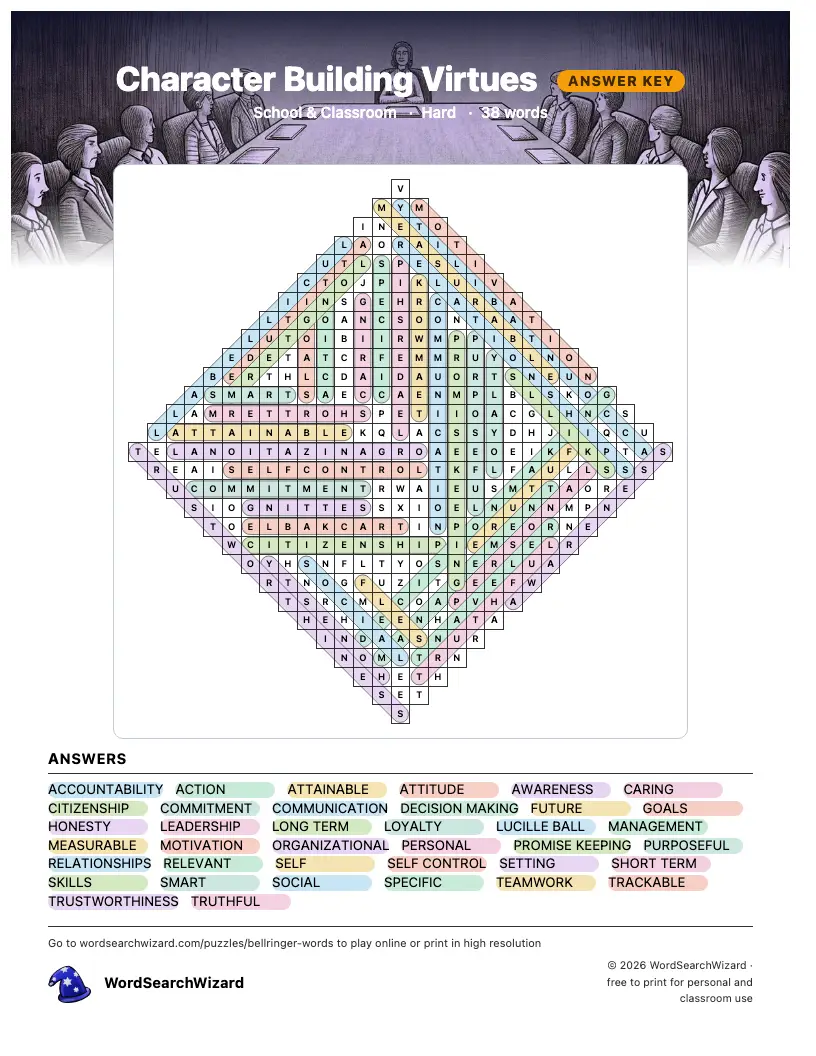 Character Building Virtues word search answer key, all 38 words marked