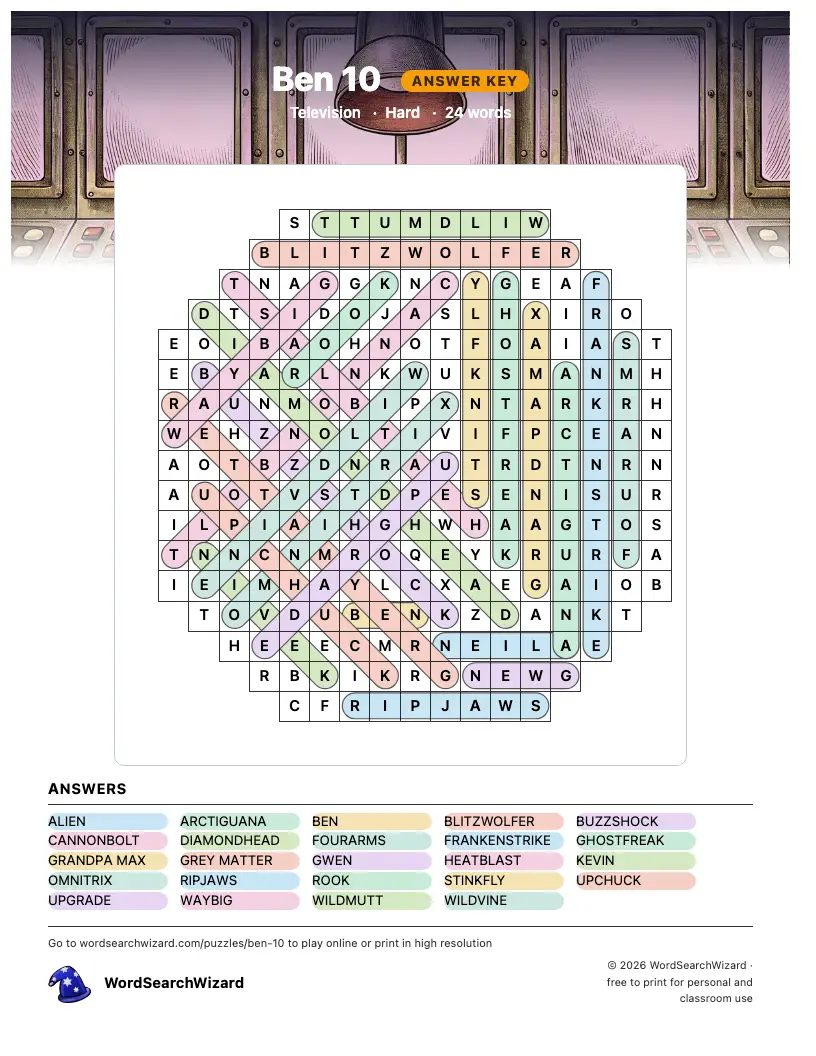 Ben 10 word search answer key, all 24 words marked