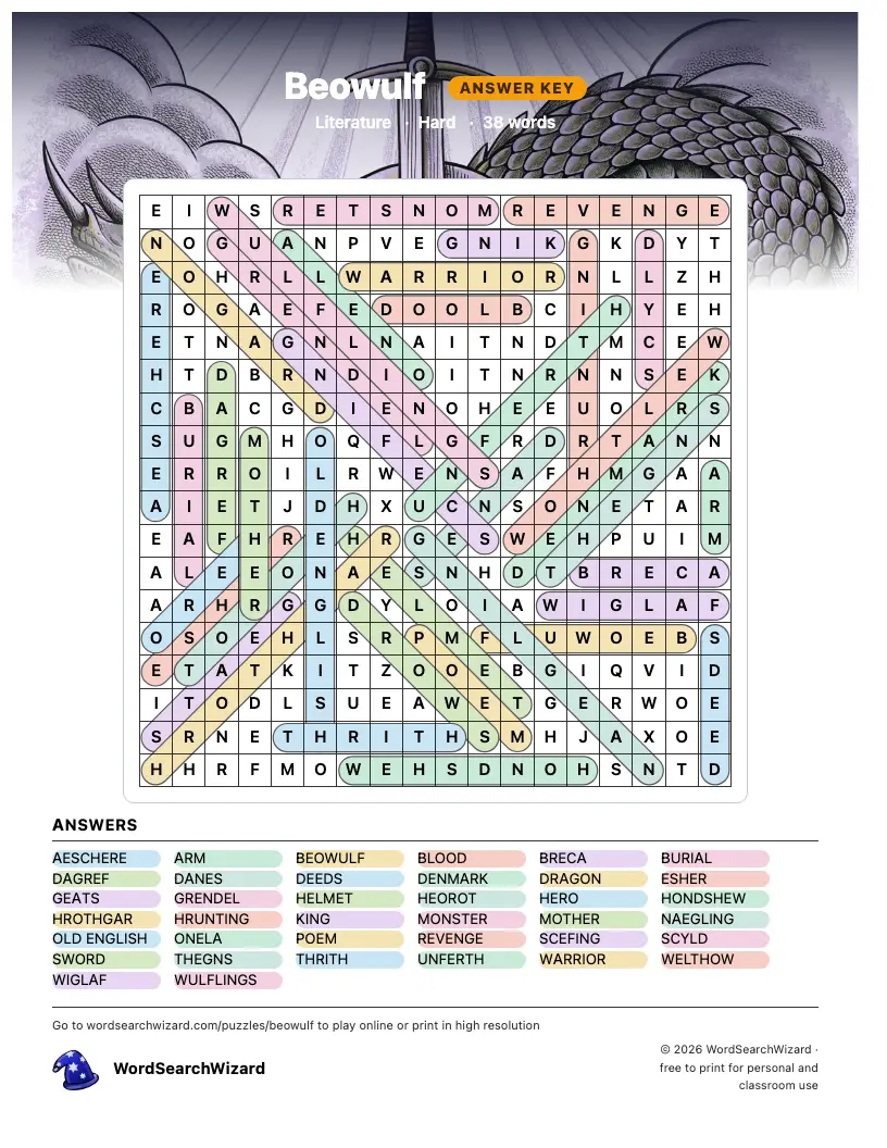 Beowulf word search answer key, all 38 words marked