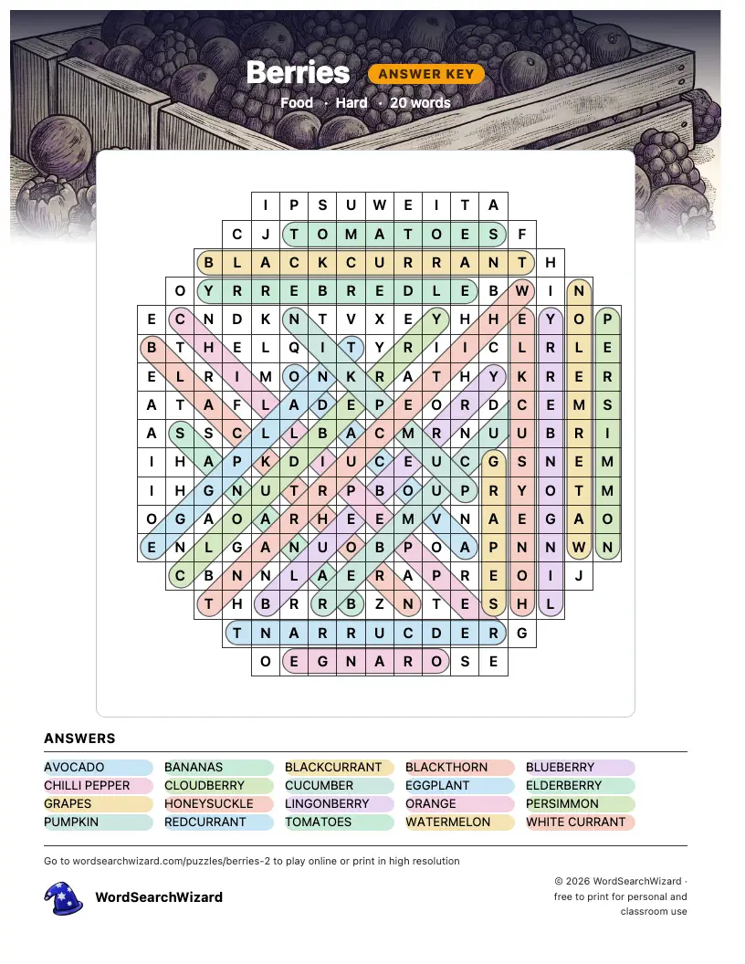 Berries word search answer key, all 20 words marked