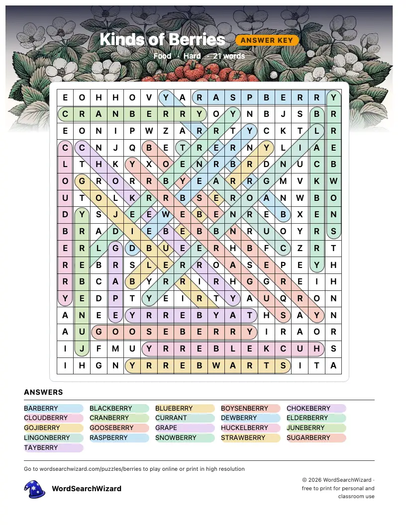 Kinds of Berries word search answer key, all 21 words marked