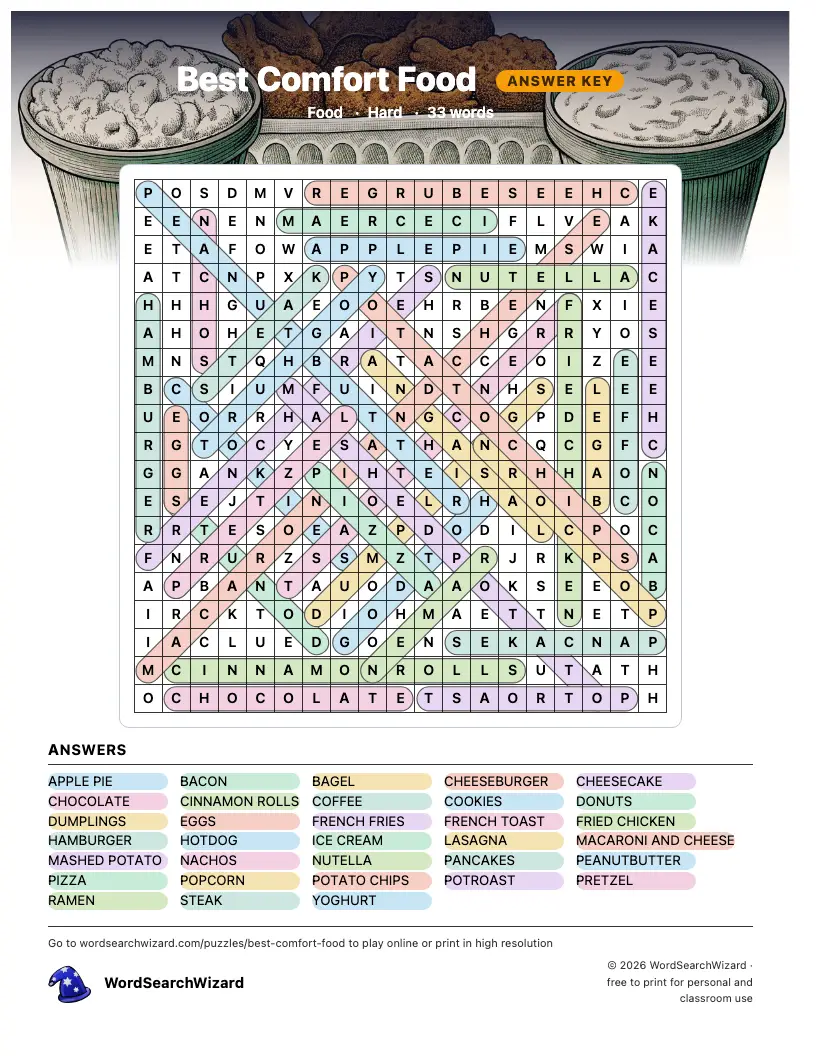Best Comfort Food word search answer key, all 33 words marked