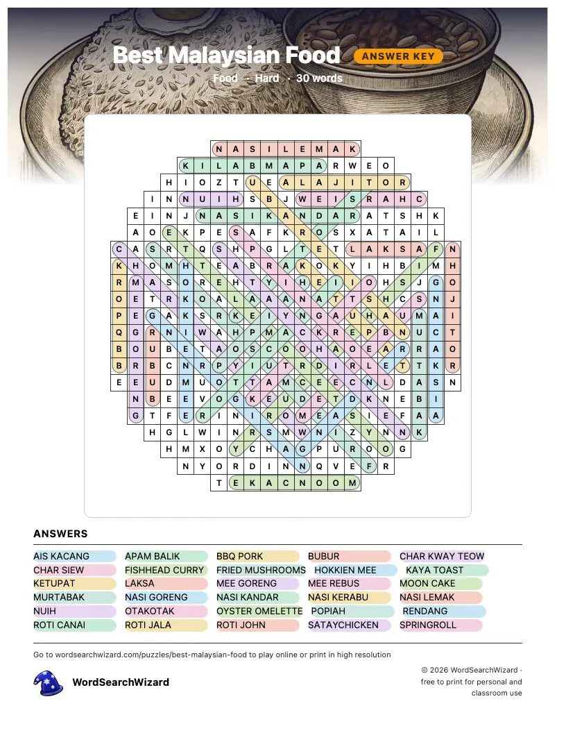 Best Malaysian Food word search answer key, all 30 words marked