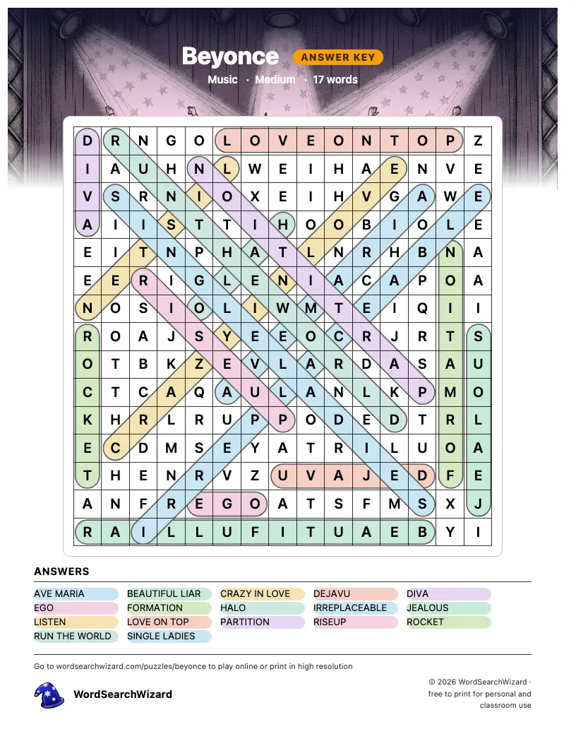 Beyonce word search answer key, all 17 words marked