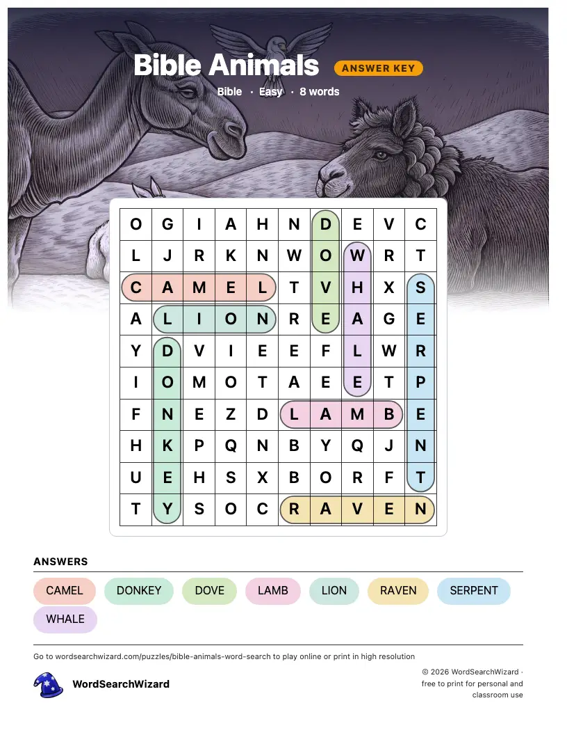 Bible Animals word search answer key, all 8 words marked