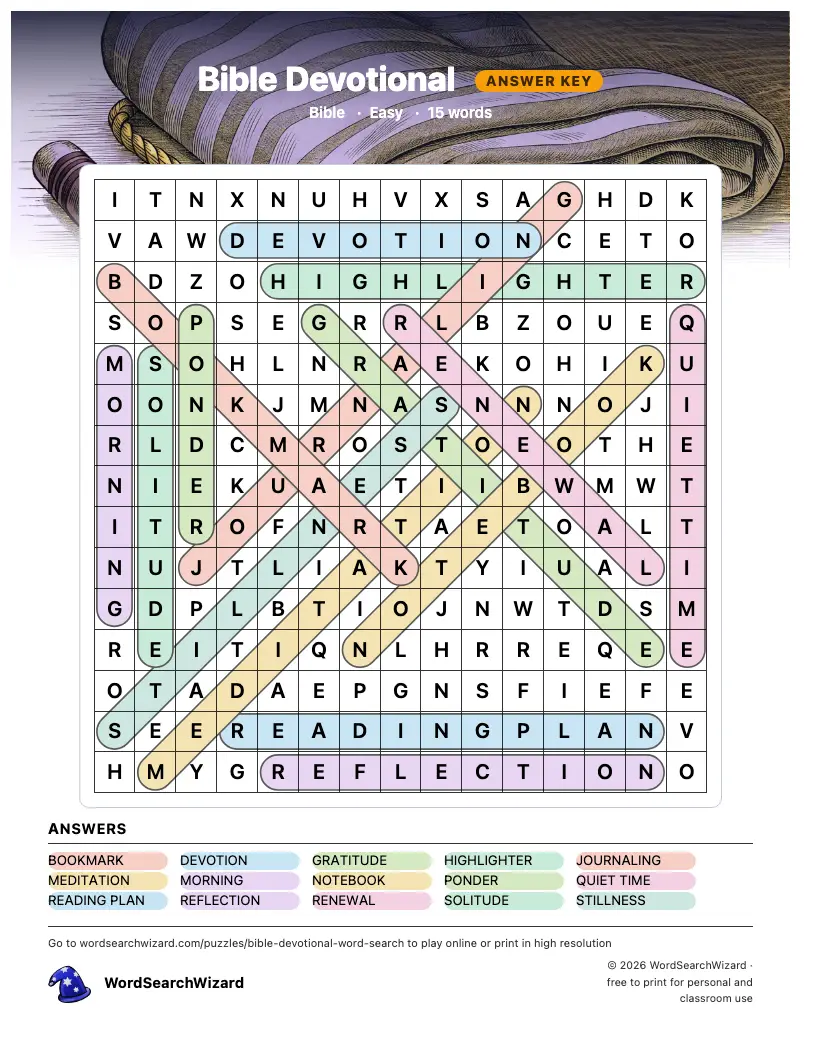 Bible Devotional word search answer key, all 15 words marked