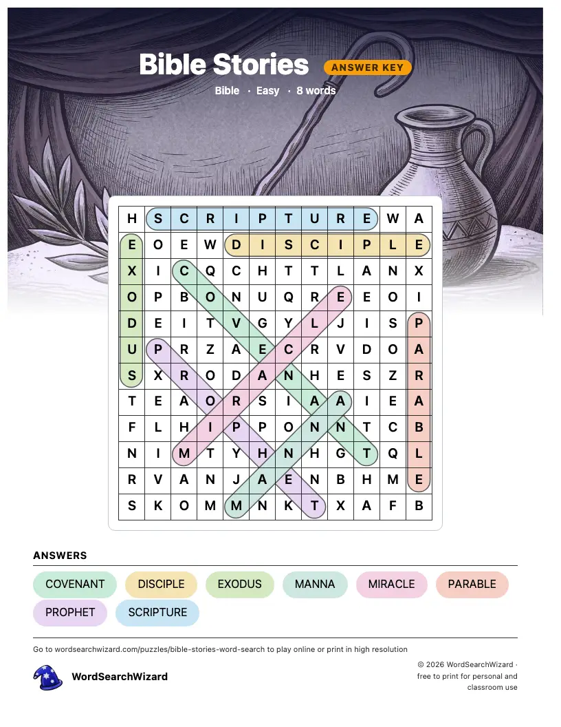 Bible Stories word search answer key, all 8 words marked