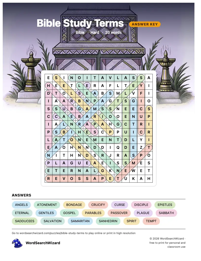Bible Study Terms word search answer key, all 20 words marked