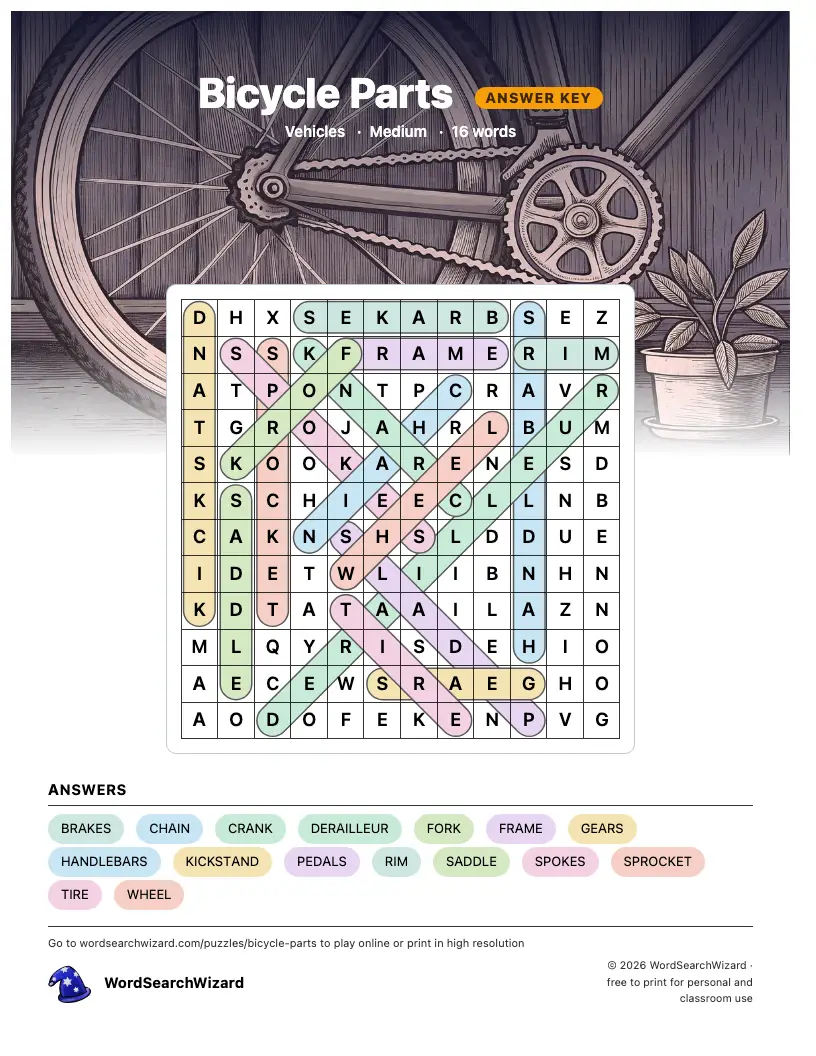 Bicycle Parts word search answer key, all 16 words marked