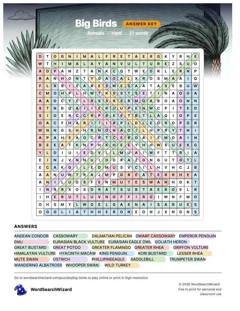 Big Birds word search answer key, all 27 words marked