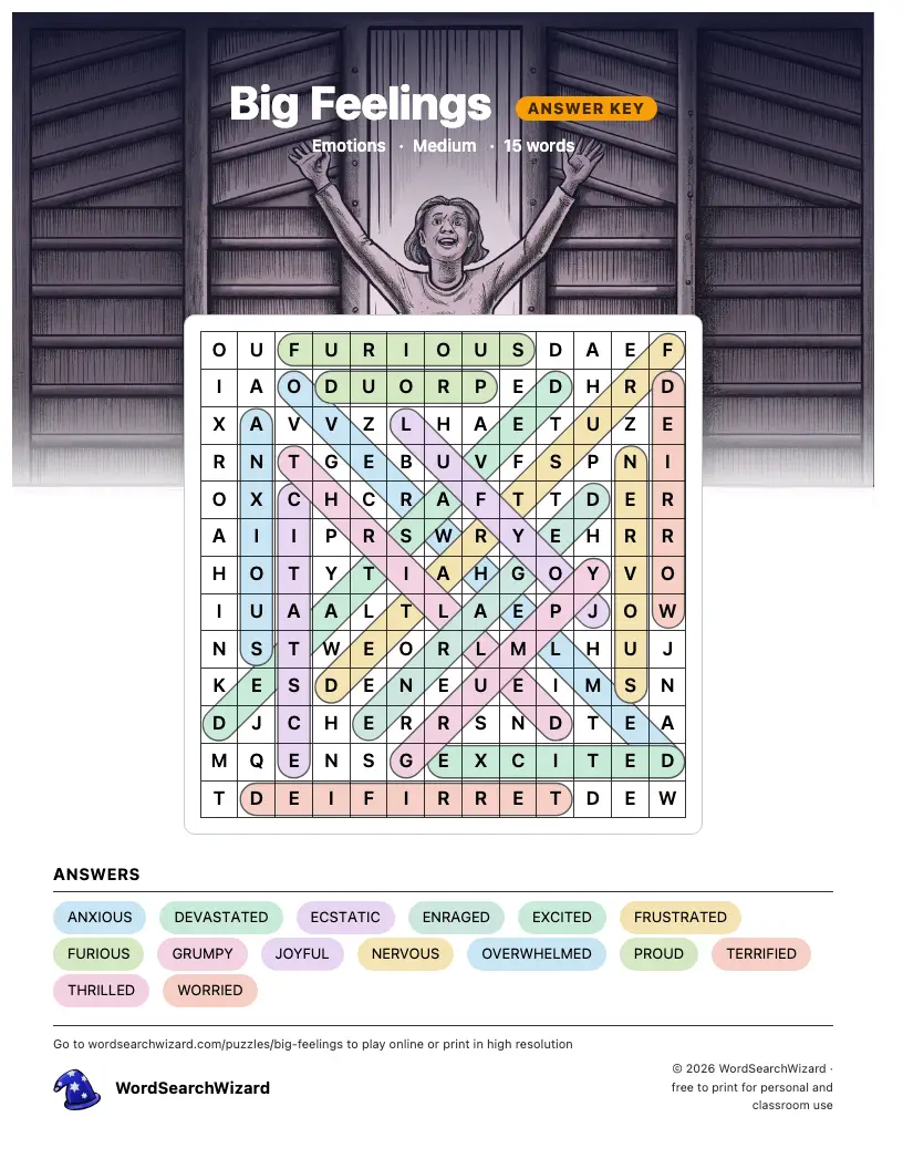 Big Feelings word search answer key, all 15 words marked