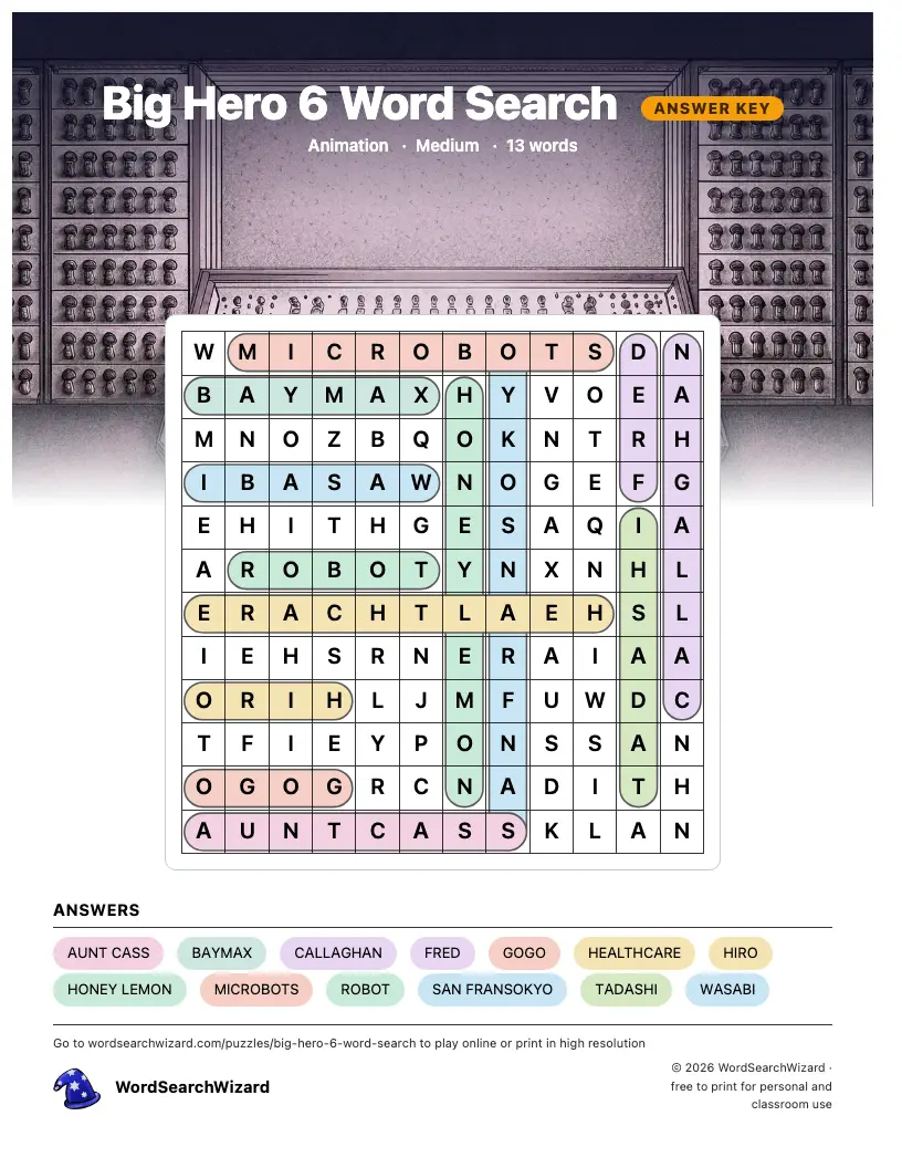 Big Hero 6 word search answer key, all 13 words marked
