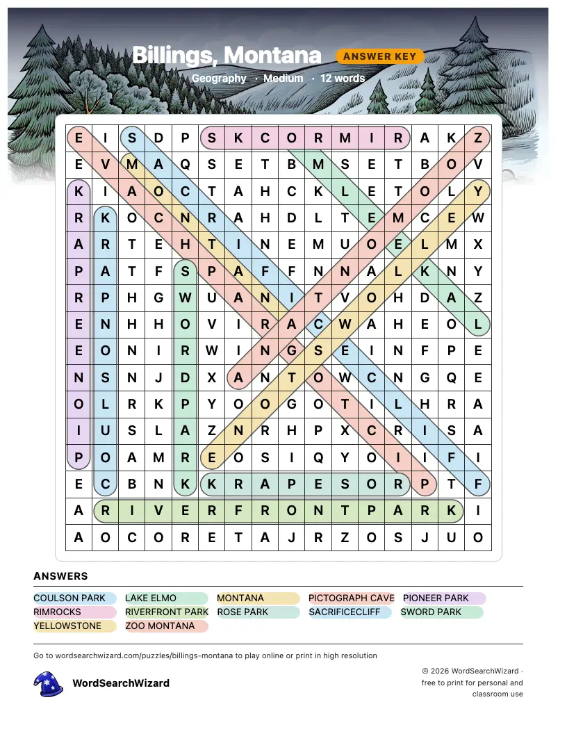 Billings, Montana word search answer key, all 12 words marked