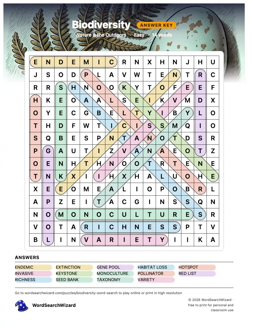 Biodiversity word search answer key, all 14 words marked