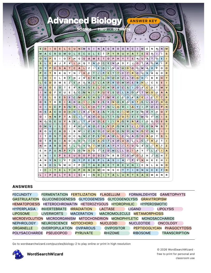 Advanced Biology word search answer key, all 50 words marked