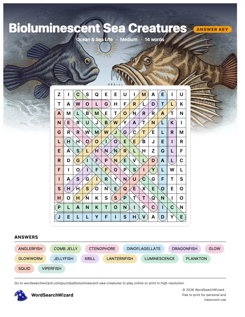 Bioluminescent Sea Creatures word search answer key, all 14 words marked