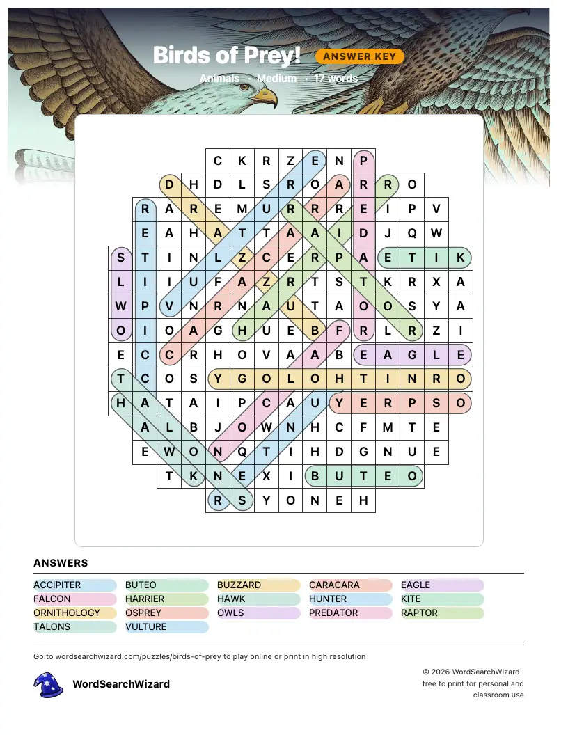 Birds of Prey! word search answer key, all 17 words marked