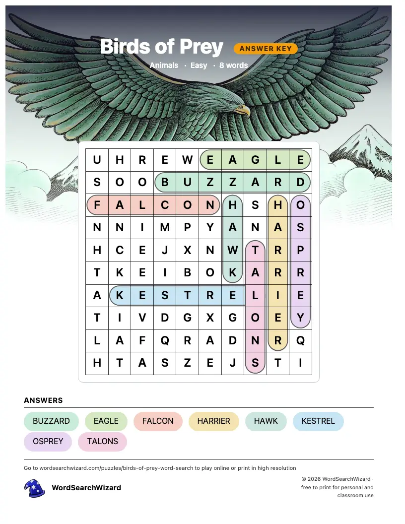 Birds of Prey word search answer key, all 8 words marked
