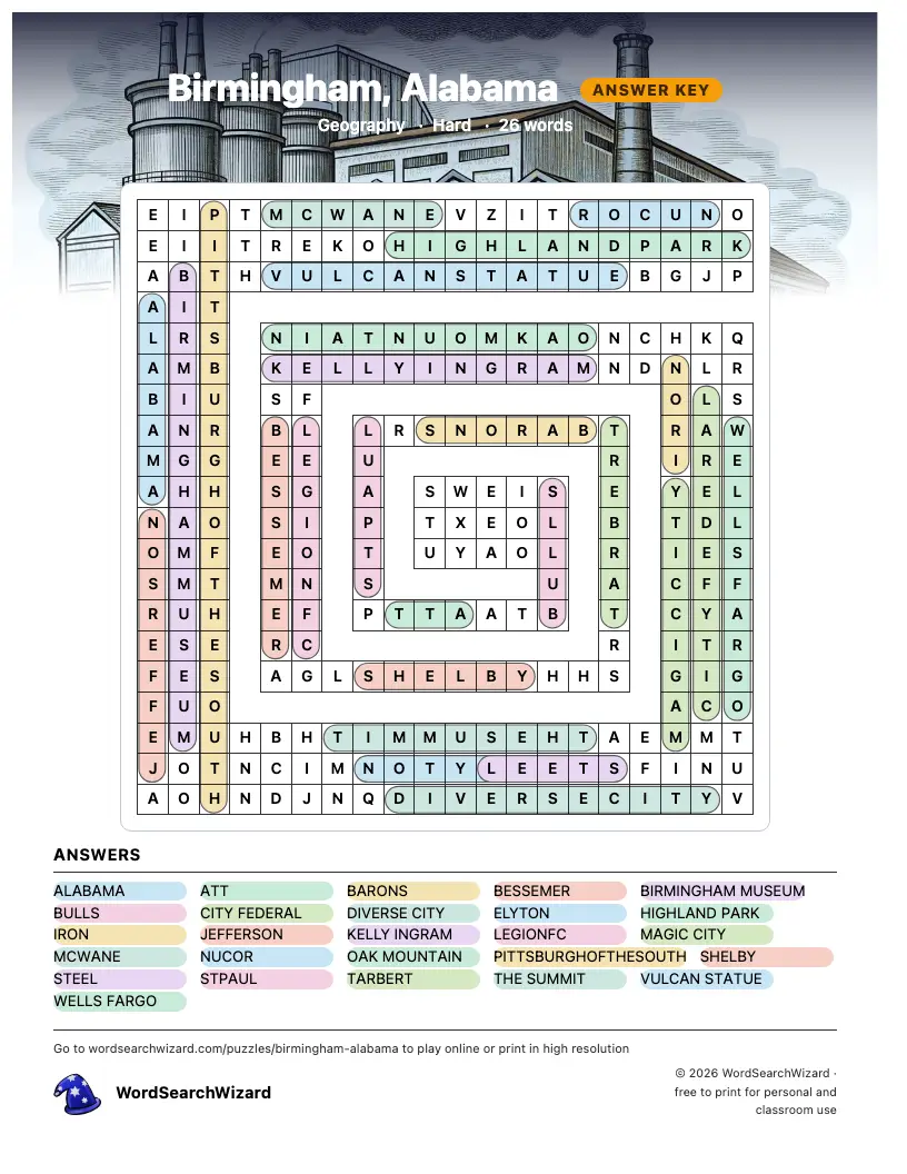 Birmingham, Alabama word search answer key, all 26 words marked