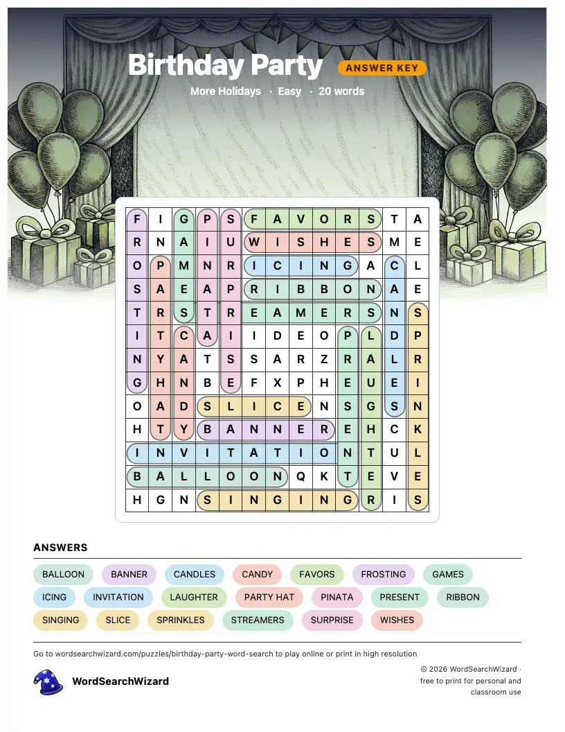 Birthday Party word search answer key, all 20 words marked