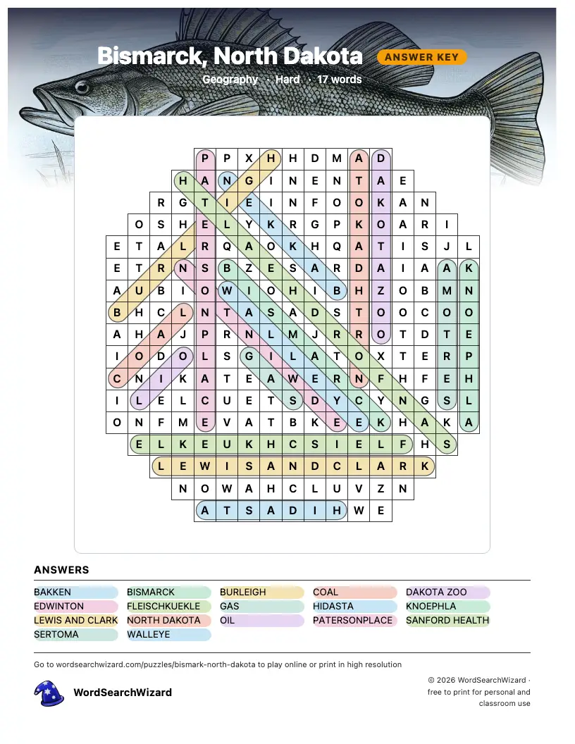 Bismarck, North Dakota word search answer key, all 17 words marked