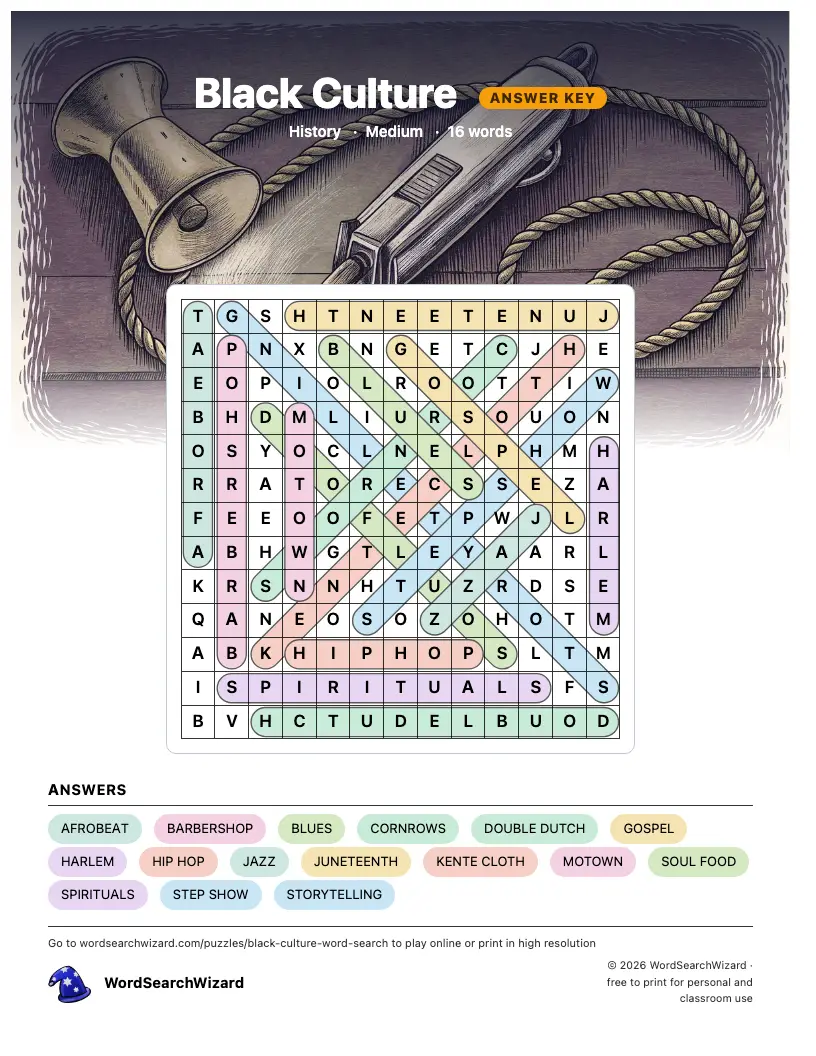 Black Culture word search answer key, all 16 words marked