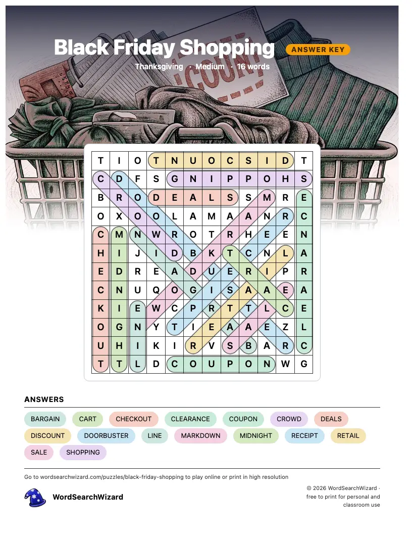 Black Friday Shopping word search answer key, all 16 words marked