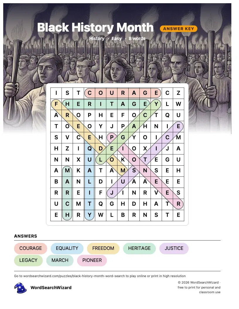 Black History Month word search answer key, all 8 words marked