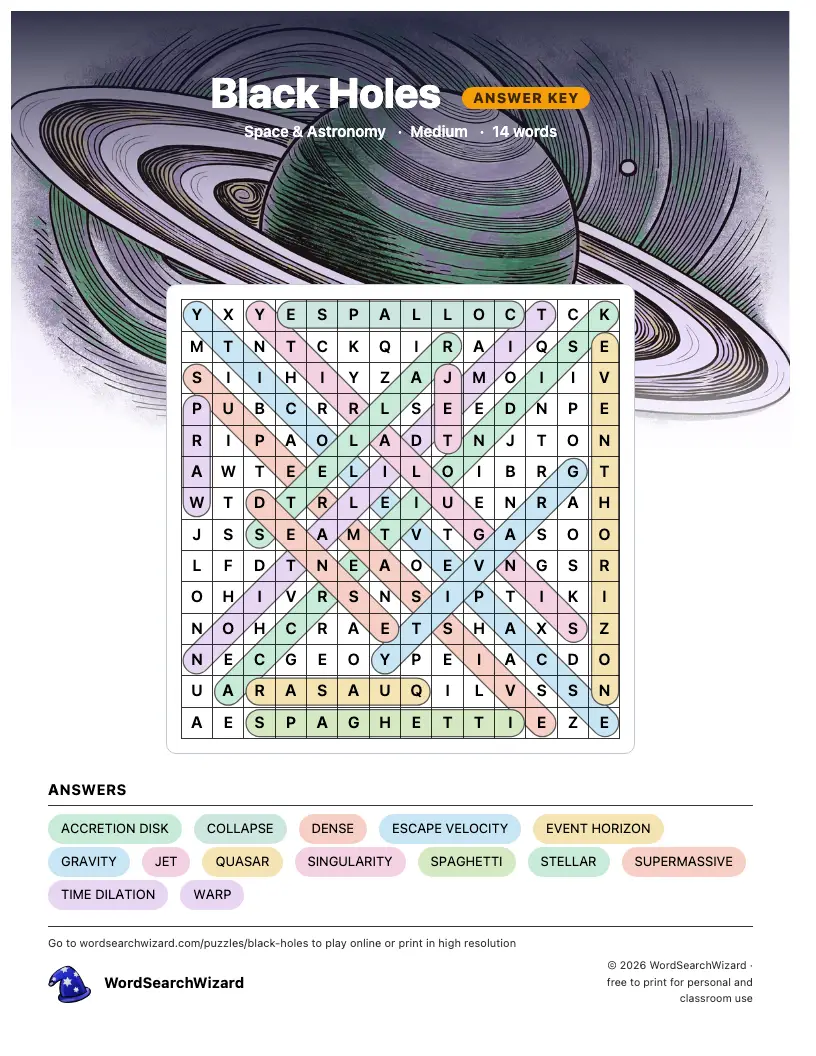 Black Holes word search answer key, all 14 words marked