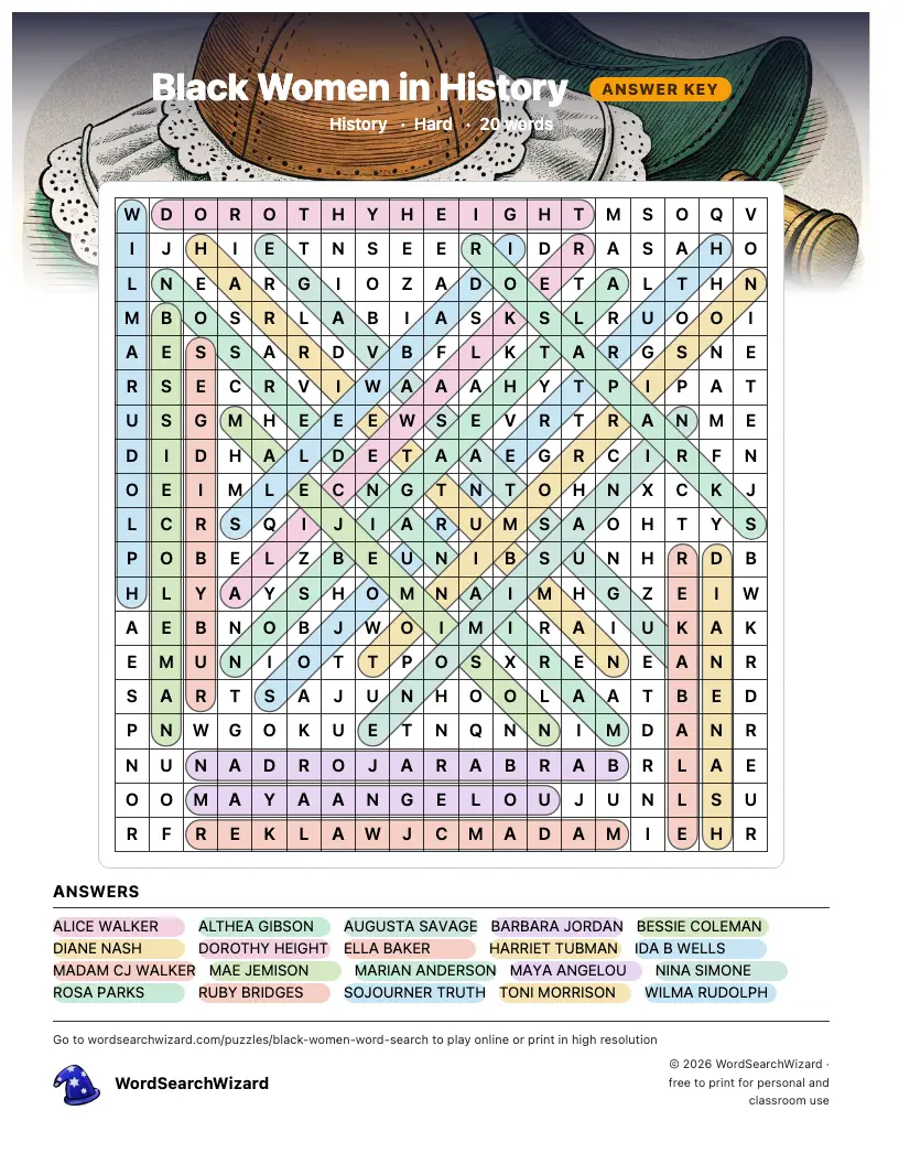 Black Women in History word search answer key, all 20 words marked