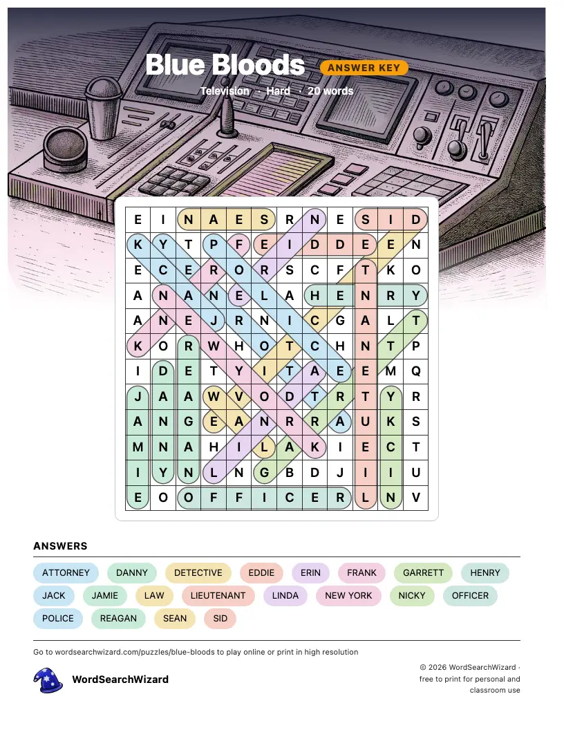 Blue Bloods word search answer key, all 20 words marked