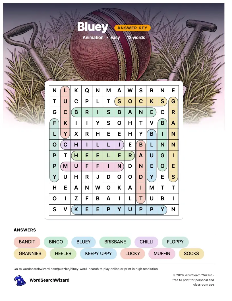 Bluey word search answer key, all 12 words marked