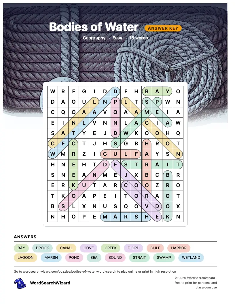 Bodies of Water word search answer key, all 16 words marked