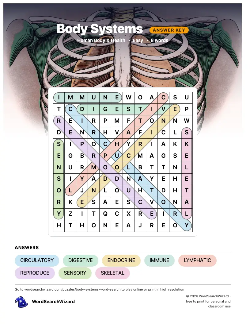 Body Systems word search answer key, all 8 words marked