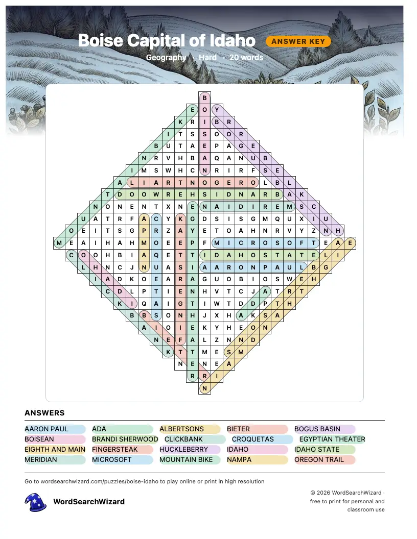 Boise Capital of Idaho word search answer key, all 20 words marked