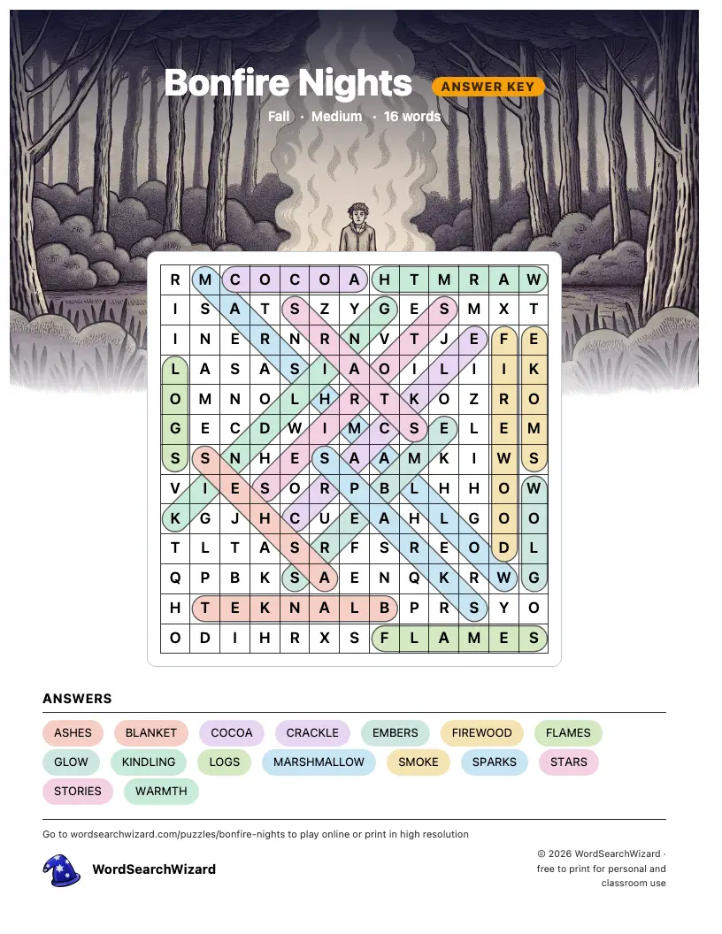Bonfire Nights word search answer key, all 16 words marked