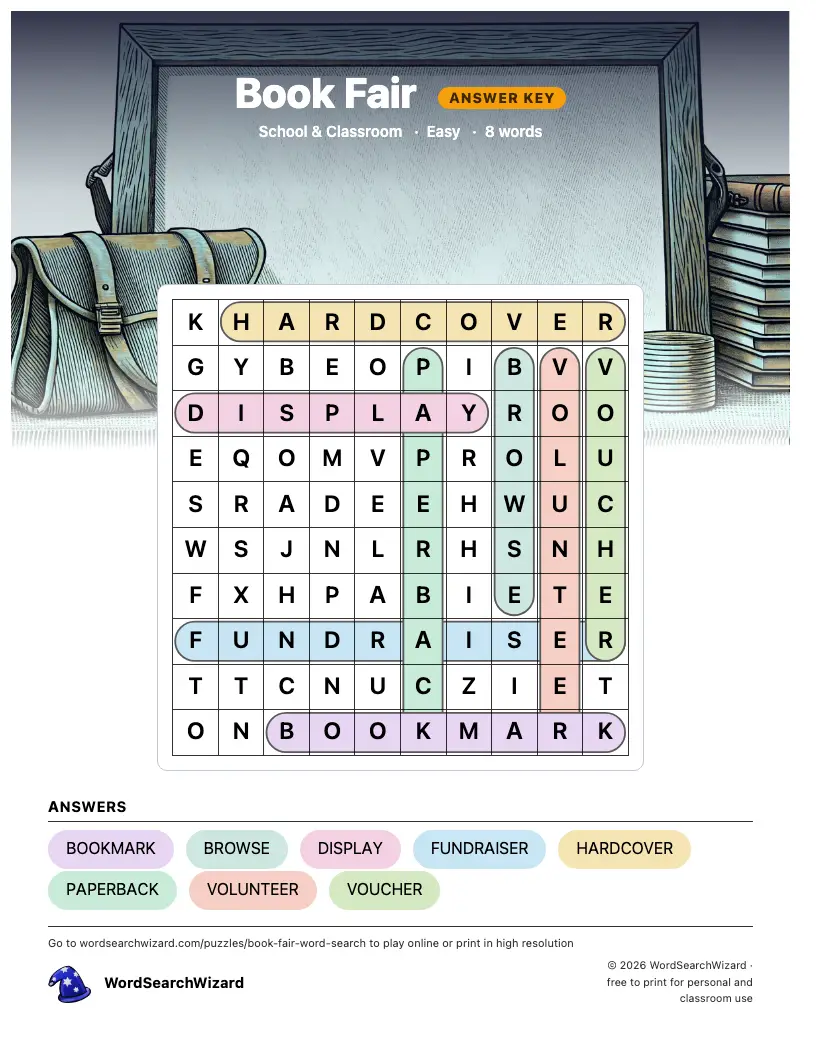 Book Fair word search answer key, all 8 words marked