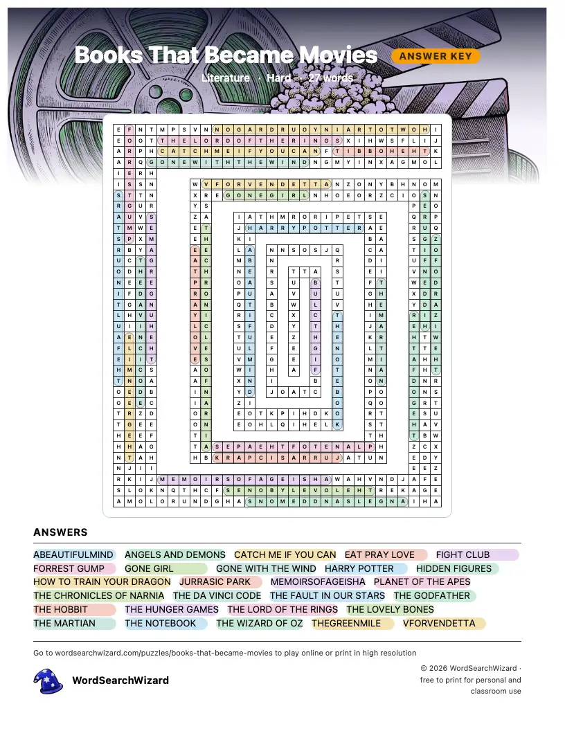 Books That Became Movies word search answer key, all 27 words marked
