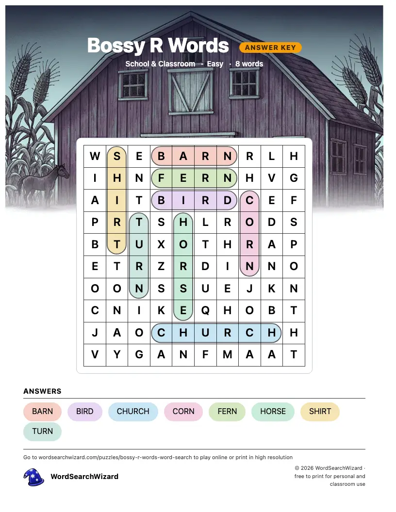 Bossy R Words word search answer key, all 8 words marked