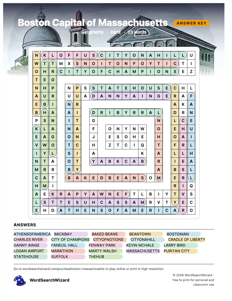 Boston Capital of Massachusetts word search answer key, all 23 words marked