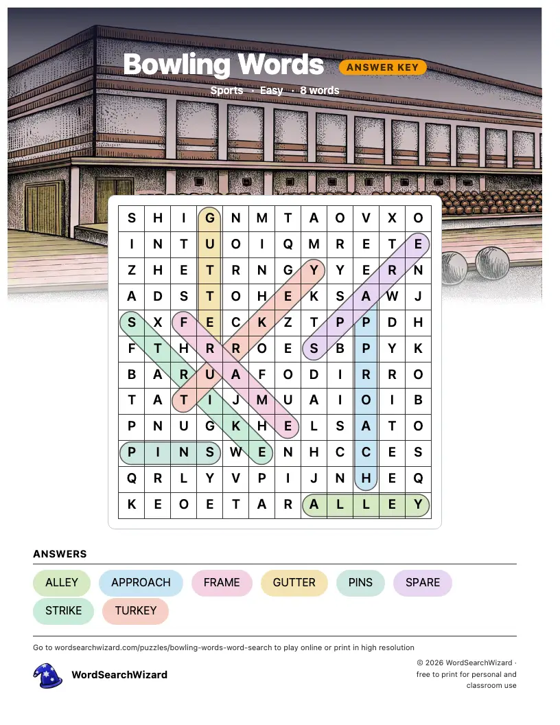 Bowling Words word search answer key, all 8 words marked