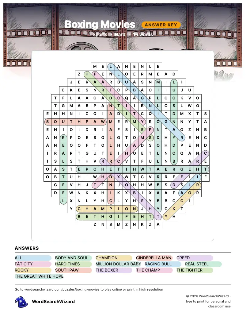 Boxing Movies word search answer key, all 16 words marked