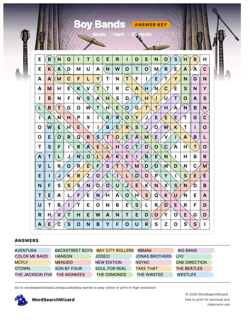 Boy Bands word search answer key, all 25 words marked