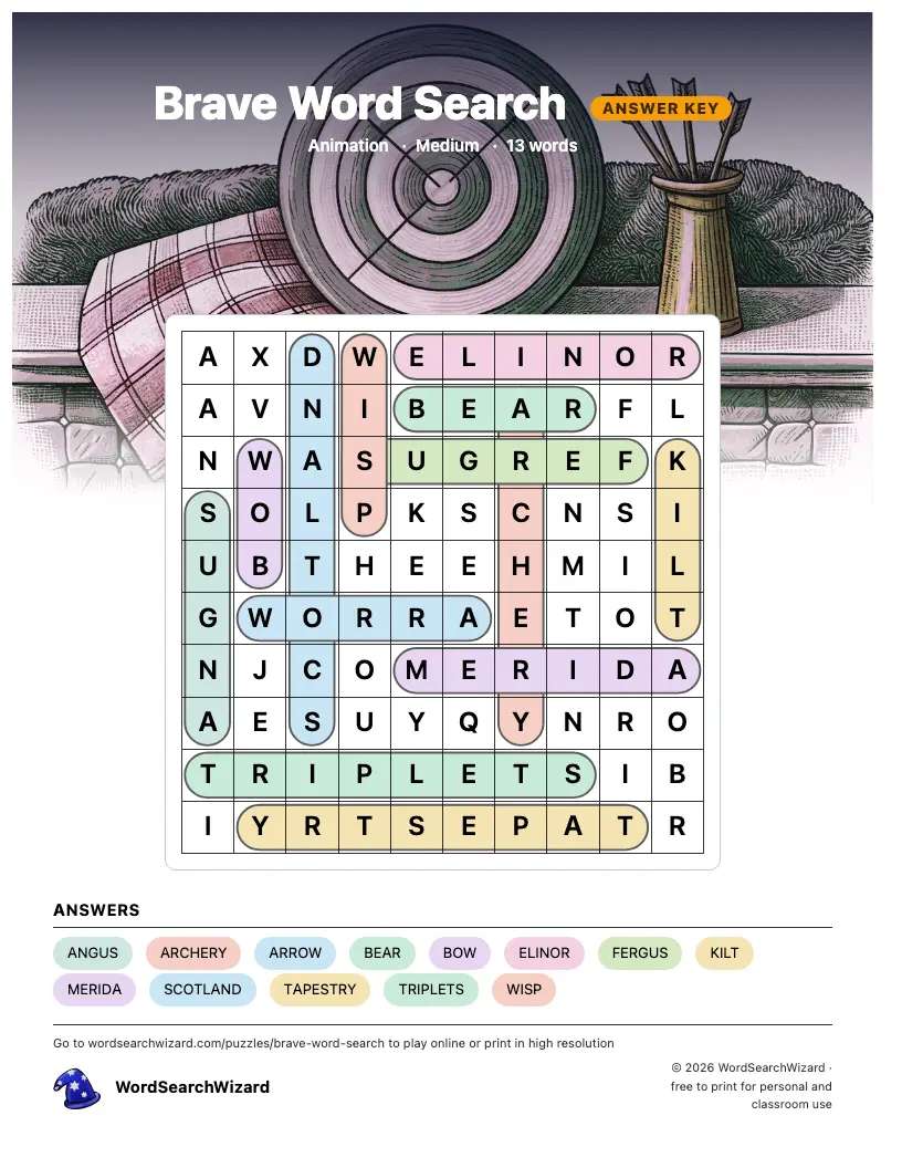 Brave word search answer key, all 13 words marked
