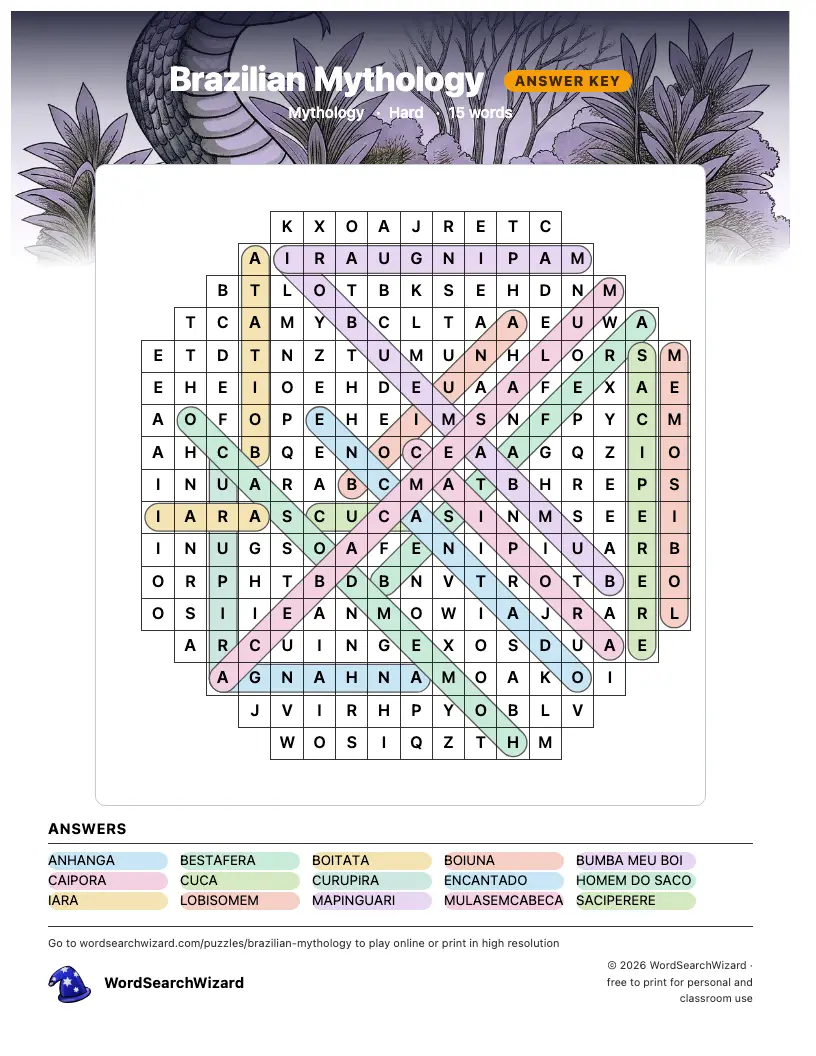 Brazilian Mythology word search answer key, all 15 words marked