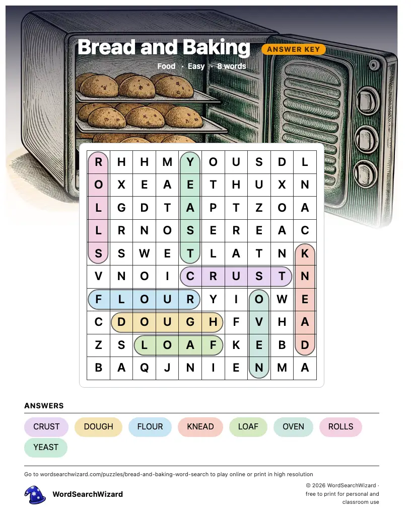 Bread and Baking word search answer key, all 8 words marked