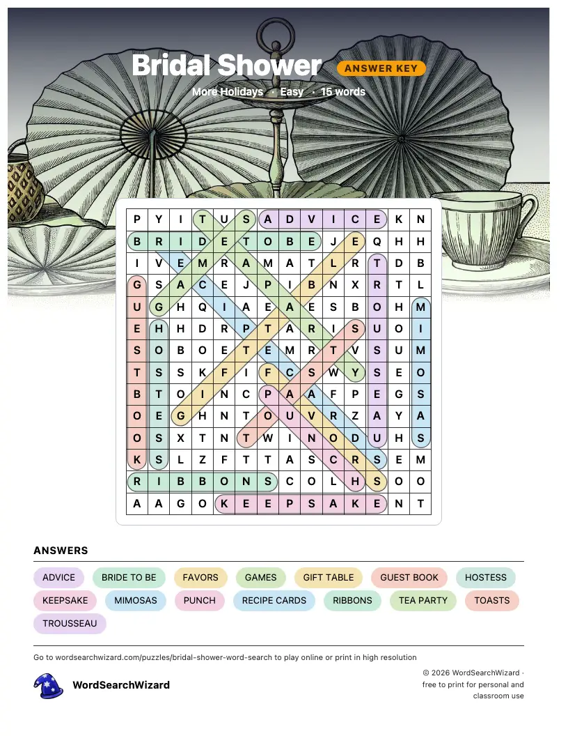 Bridal Shower word search answer key, all 15 words marked