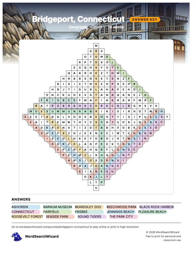 Bridgeport, Connecticut word search answer key, all 14 words marked
