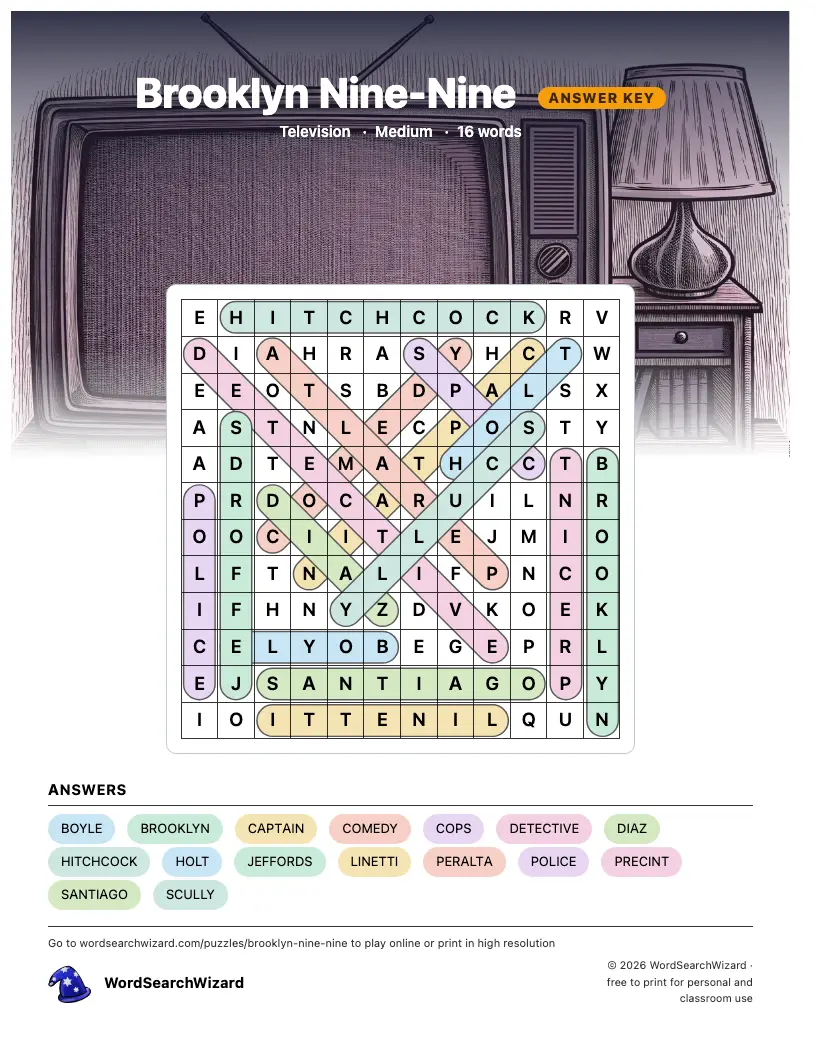 Brooklyn Nine-Nine word search answer key, all 16 words marked