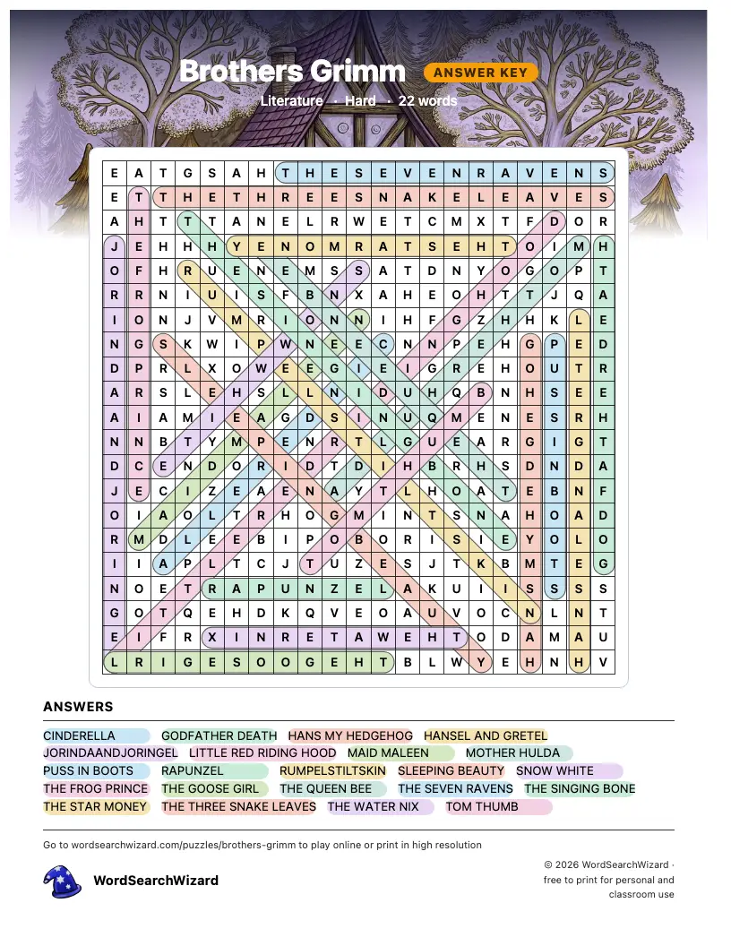 Brothers Grimm word search answer key, all 22 words marked